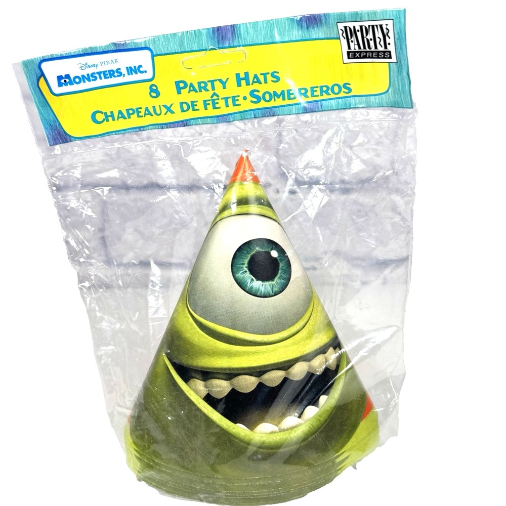 Vintage NOS Disney Pixar Monsters Inc Mike Wazowski Birthday Party Cone Hats 8